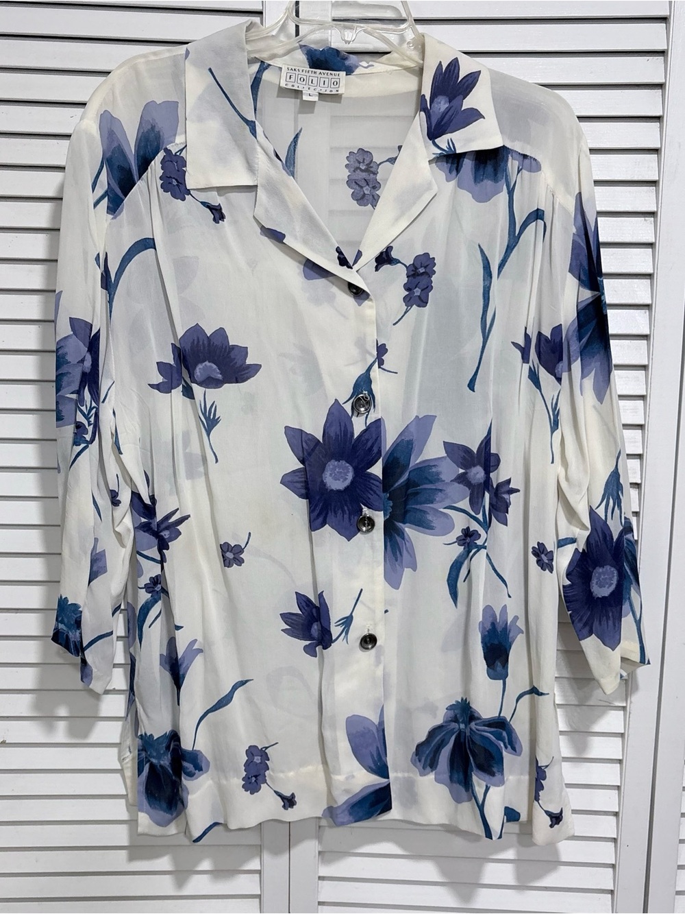 Saks Fifth Avenue Folio Vintage Blue Floral Button Down Blouse Shirt L